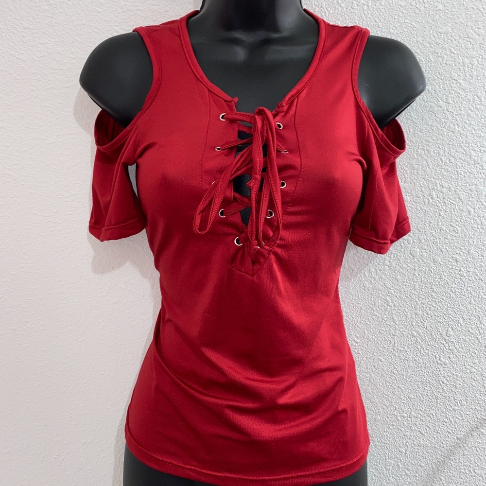 Red Lace-Up Off-Shoulder Women’s Top